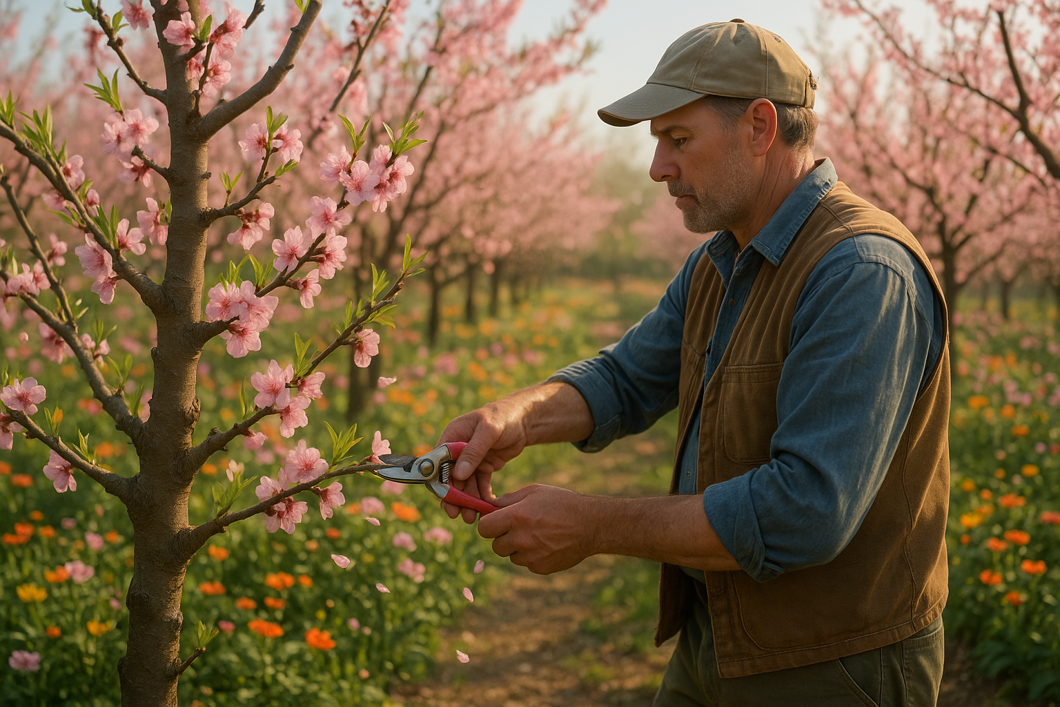 Плодовое дерево во время омолаживающей обрезки с использованием секатора в саду