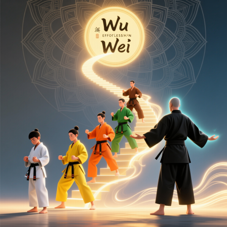 <img src="aikido-belts-mastery-journey.jpg" alt="Martial arts belt progression journey from white to black belt representing continuous mastery">