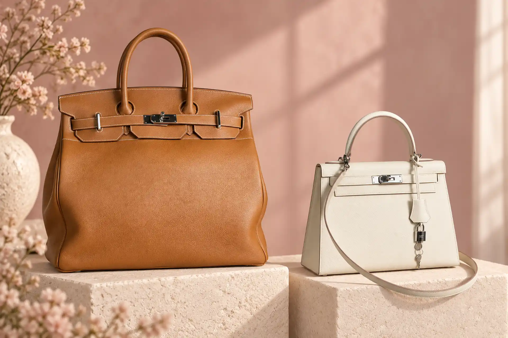Высокая коричневая Hermès Birkin и кремовая Hermès Kelly на светлых подставках