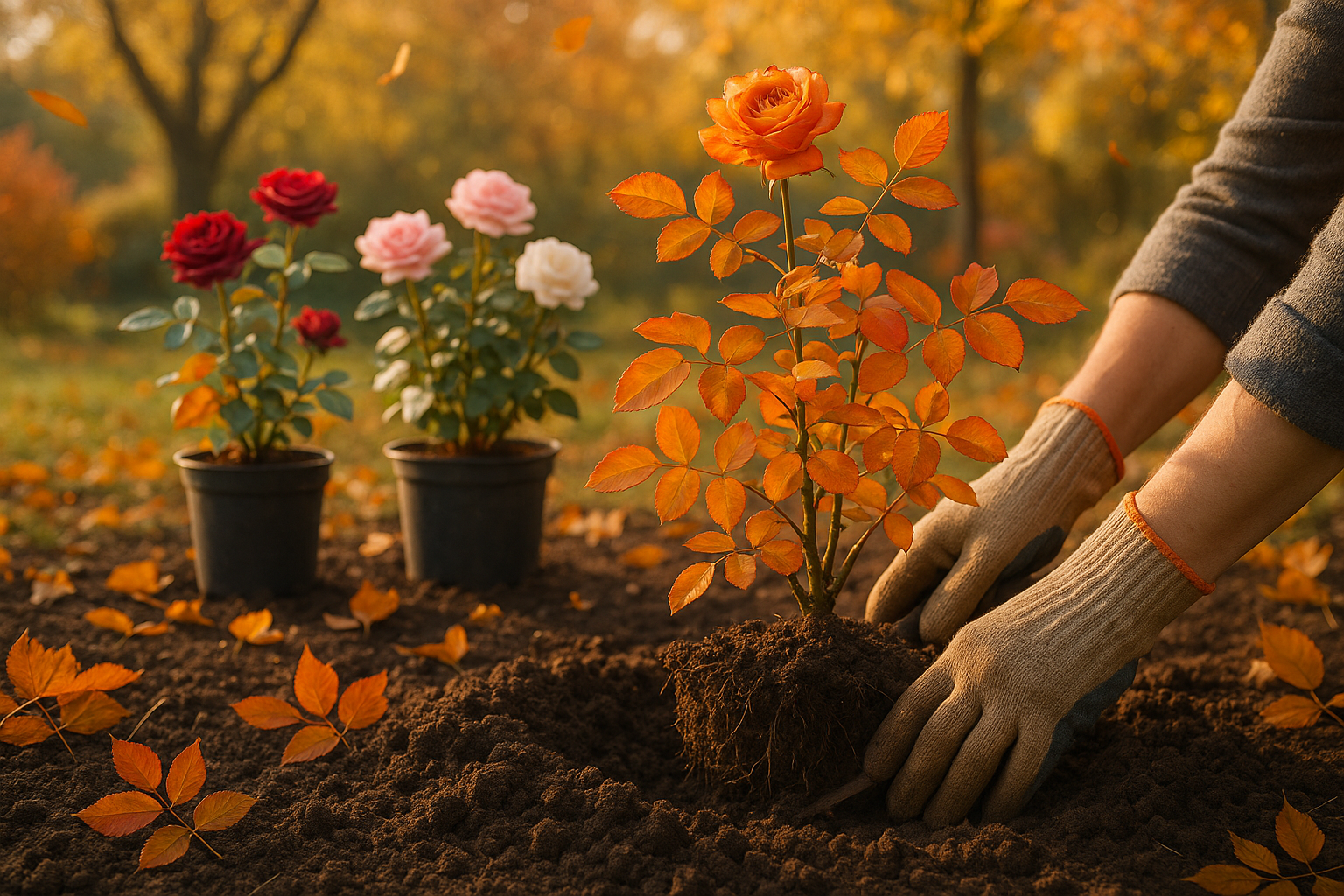 Пересадка роз осенью — подготовленный куст в осеннем саду с лопатой и мульчей