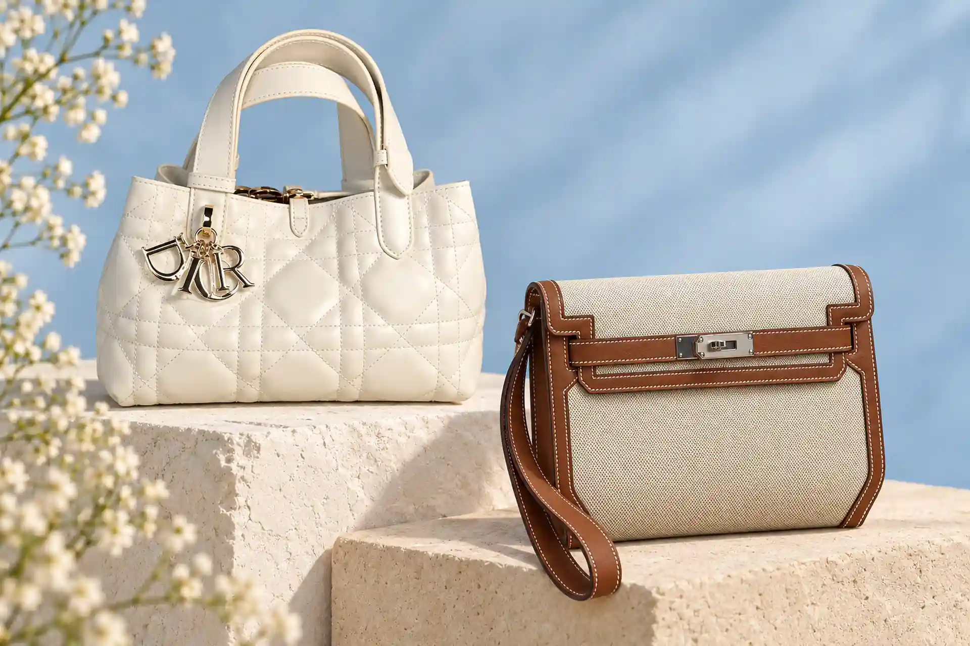 Женская сумка Dior Toujours и мужская сумка Hermès в светлой палитре Молочная женская сумка Dior Toujours и бежевая мужская Hermès с коричневой отделкой на светлых подставках
