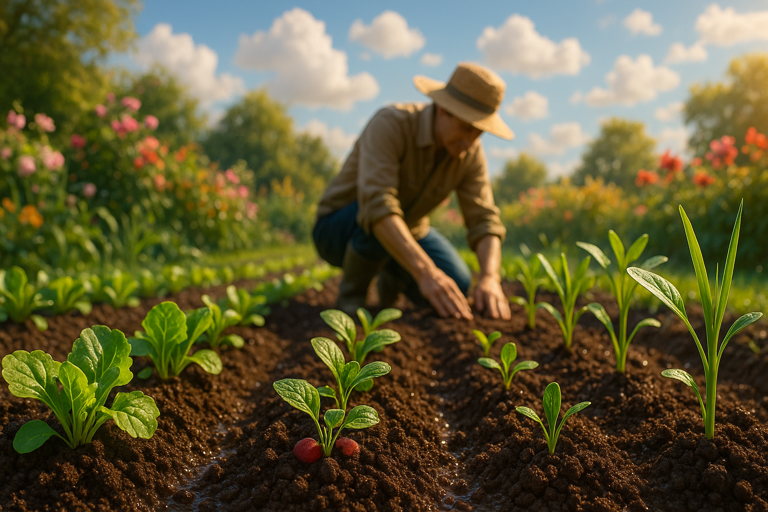 Огородная грядка с разнообразными овощами, подходящими для посадки после чеснока весной