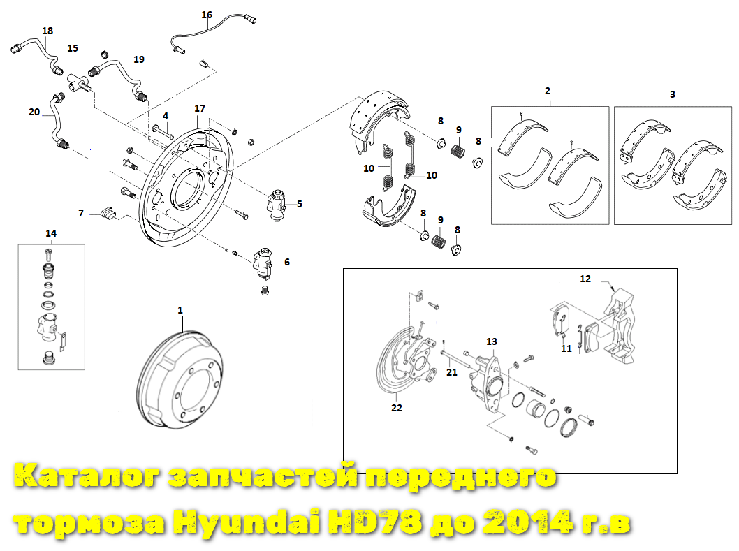Каталог запасных частей передней тормозной системы грузового автомобиля Hyundai HD78 до 2014 г.в.
