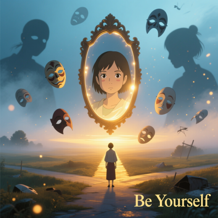 <img src="discover-true-self.jpg" alt="Person discovering their true authentic self looking in mirror with fading masks behind them showing identity transformation">