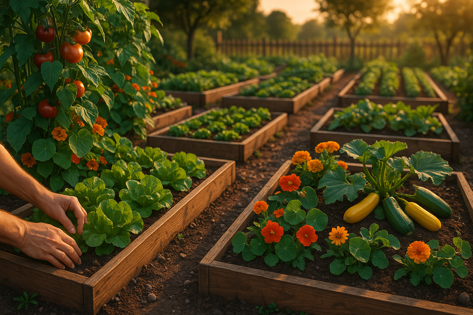 Красивые аккуратные грядки на даче с деревянными ограждениями и яркими растениями