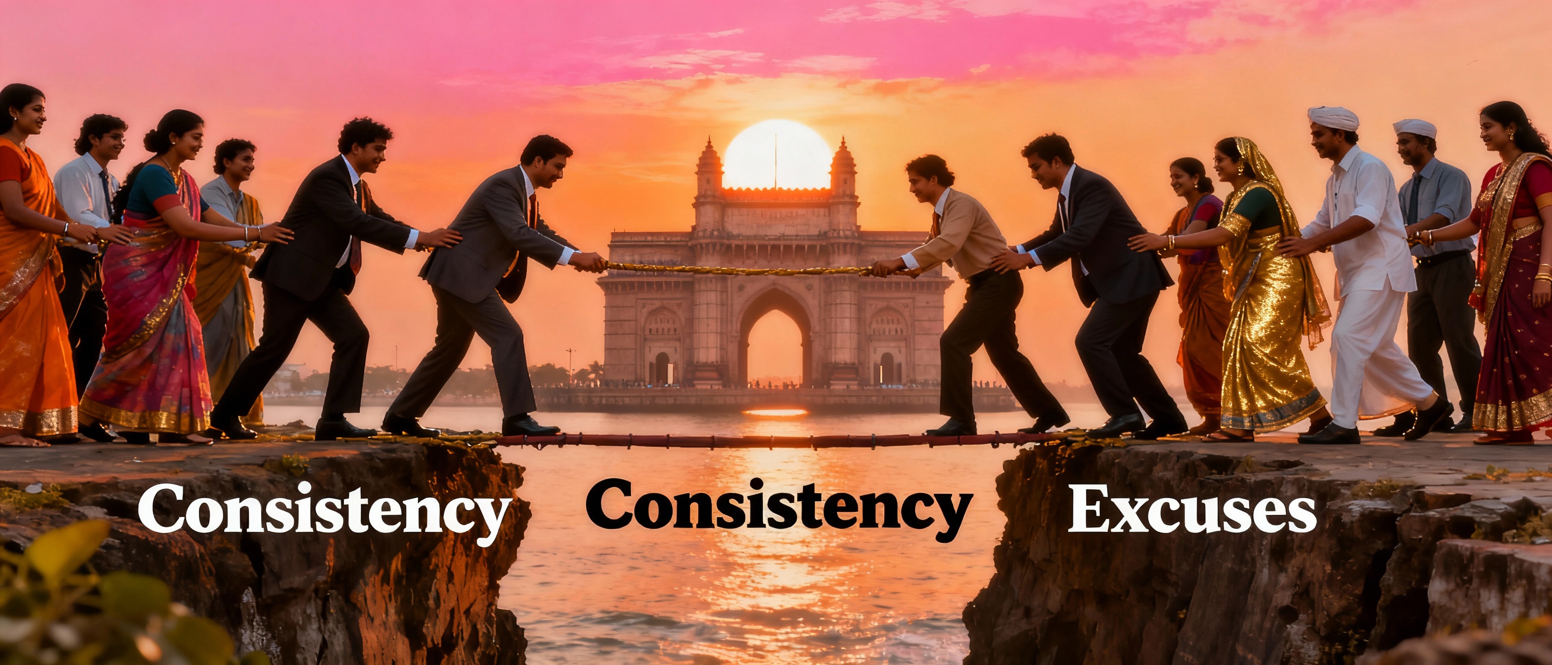 <img src="mumbai-bridge-habit.jpg" alt="Mumbai business people building a consistency bridge over excuses, Gateway of India sunrise">