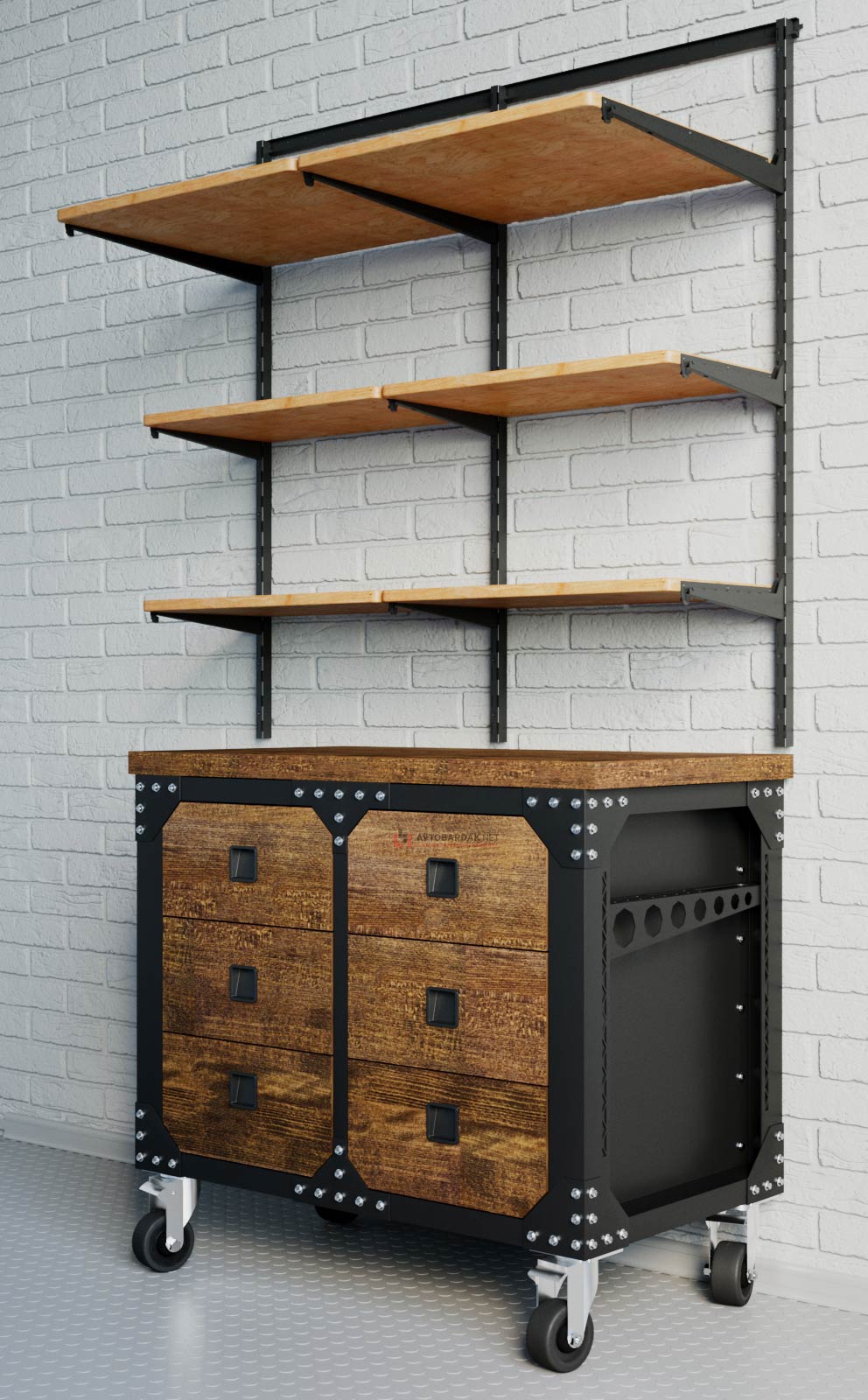 Настенные деревянные полки на металлической раме