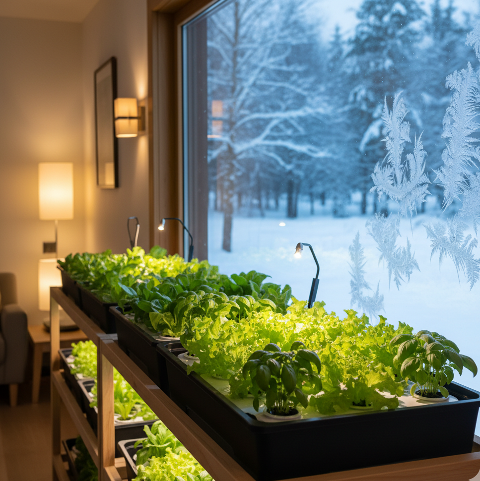 Подсветка растений зимой Светильники освещают зелень в гидропонной установке у замёрзшего окна, от которого зимой мало света