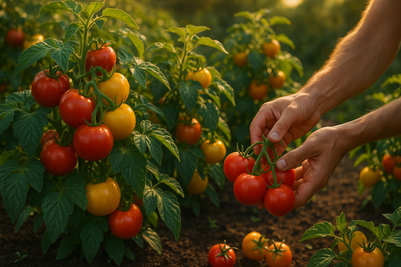 Низкорослые компактные кусты томатов без пасынков с красными плодами на грядке открытого грунта