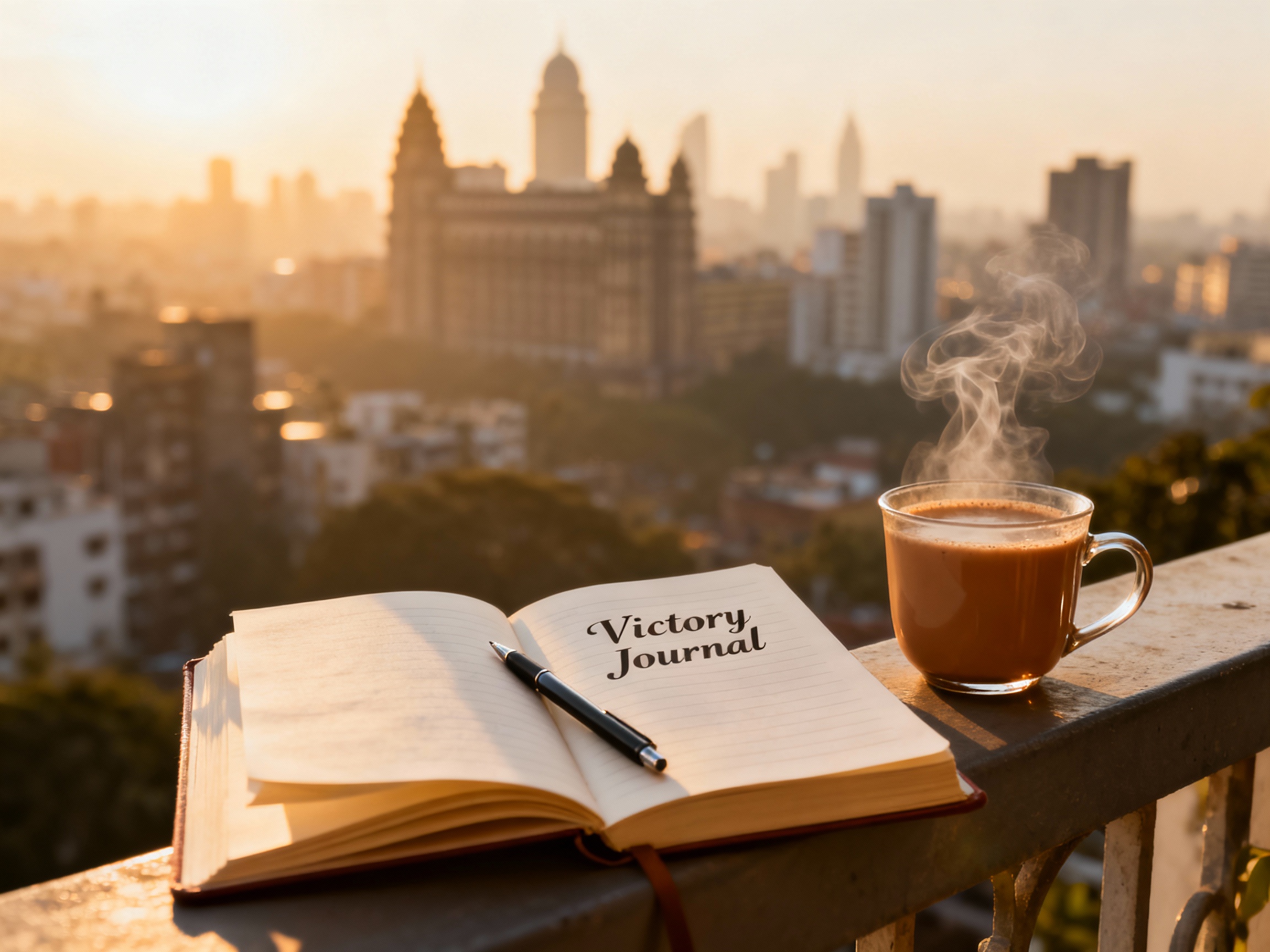 <img src="energy-journal-mumbai.jpg" alt="Victory Journal notebook with Mumbai city sunlight and chai cup">