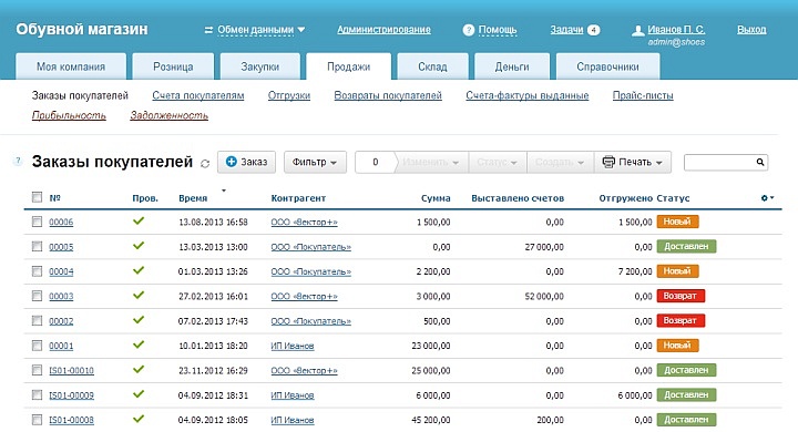 Меню продаж в программе &laquo;Мой склад&raquo;