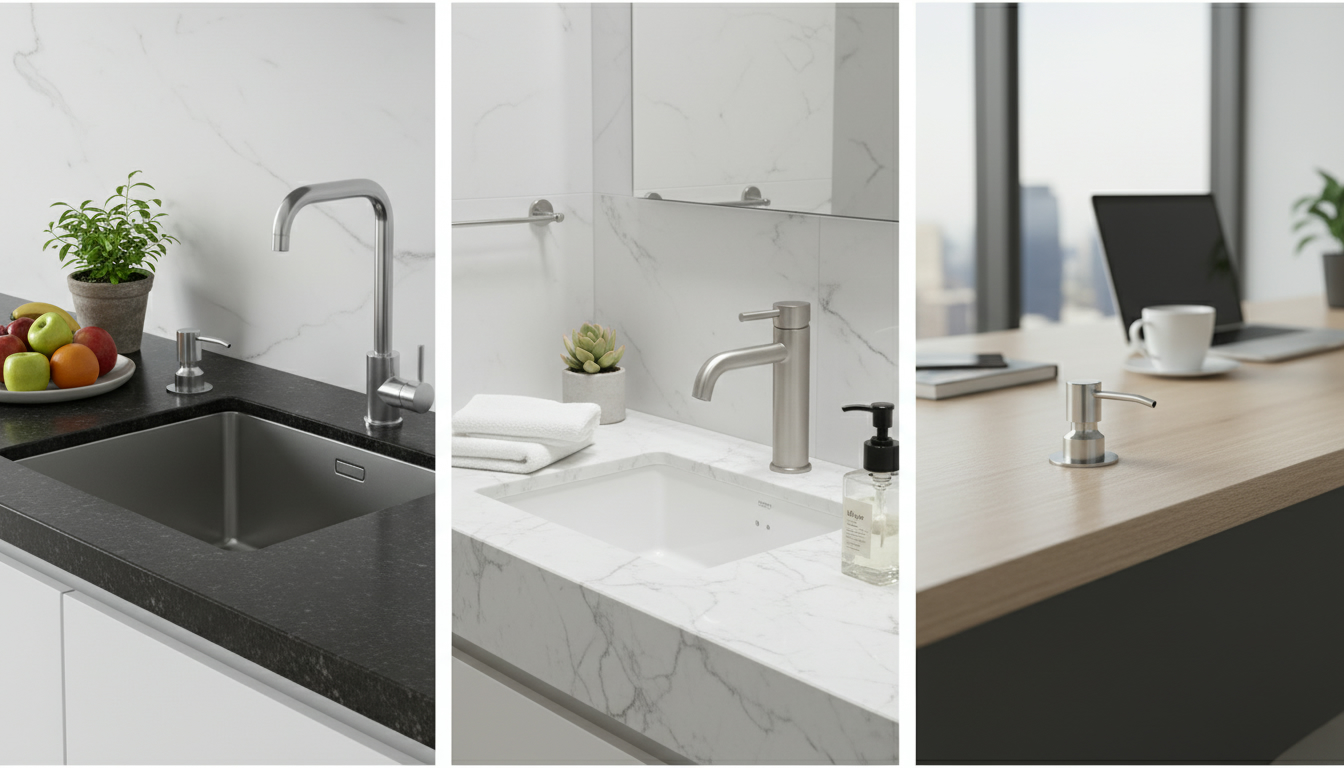 Коллаж различных мест установки врезного дозатора — кухня, ванная, офис