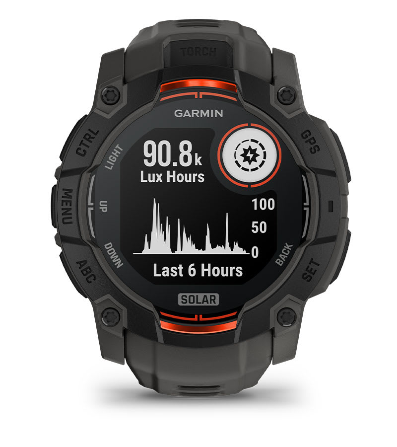Умные часы Garmin Instinct 3 Solar 50 mm Black with Charcoal Band: СОЛНЕЧНАЯ ПОДЗАРЯДКА