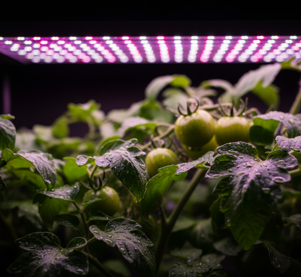 Помидоры-черри в гидропонной установке Освещение розового спектра подсвечивает томаты в поддоне гидропонной установки