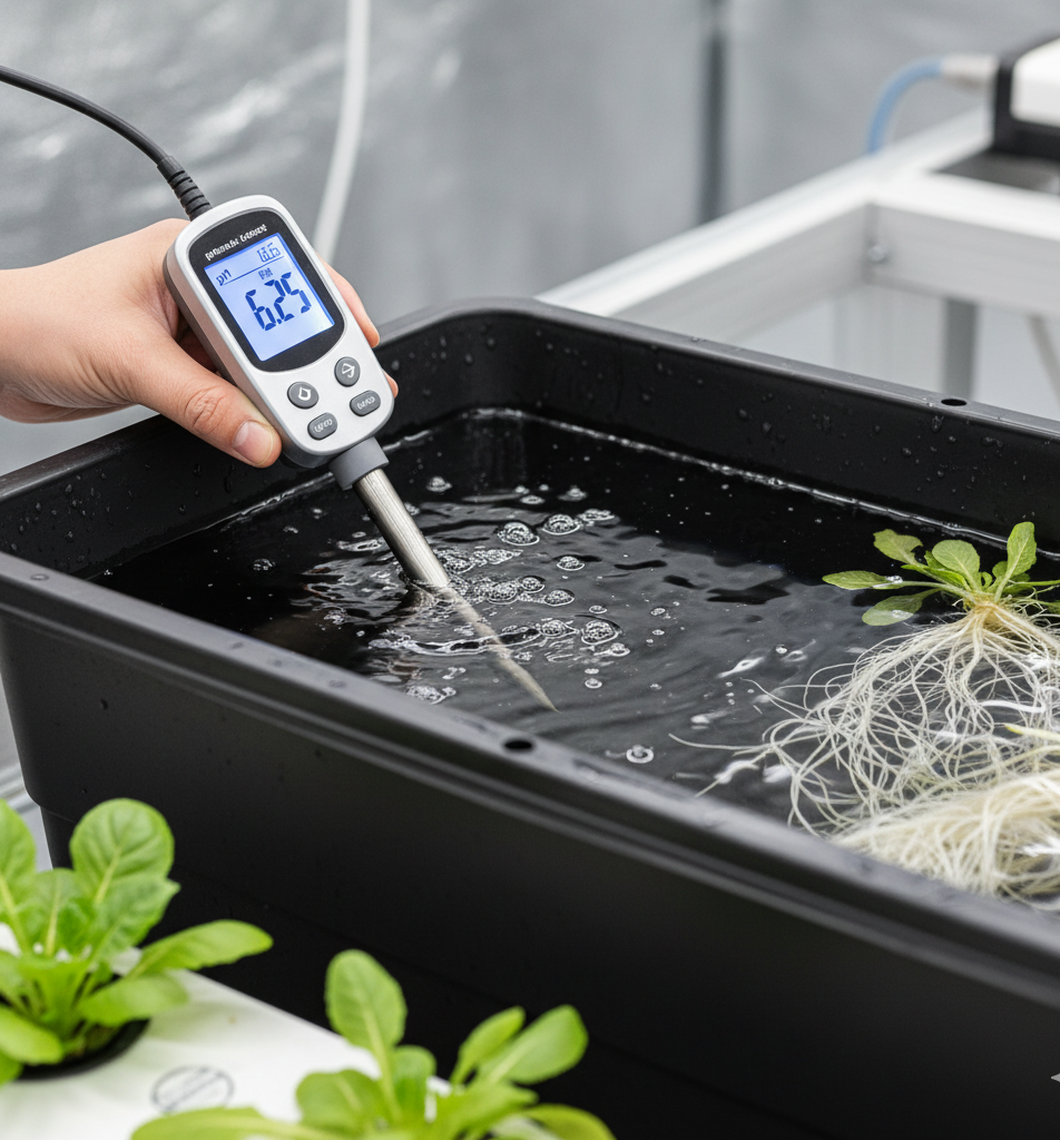 Проверка pH Специалист проверяет pH в гидропонном растворе