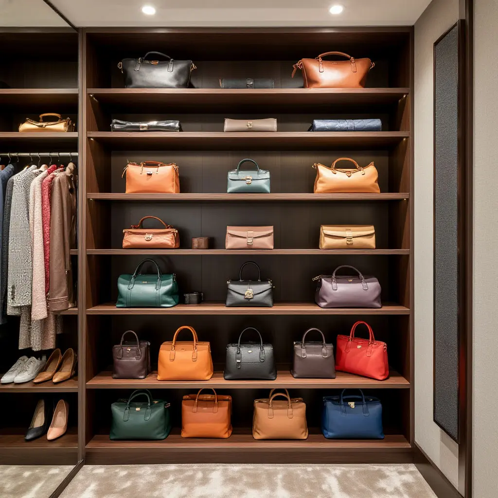 Стильный интерьер гардеробной, где на полке аккуратно расставлены все 10 типов сумок из гида.webp