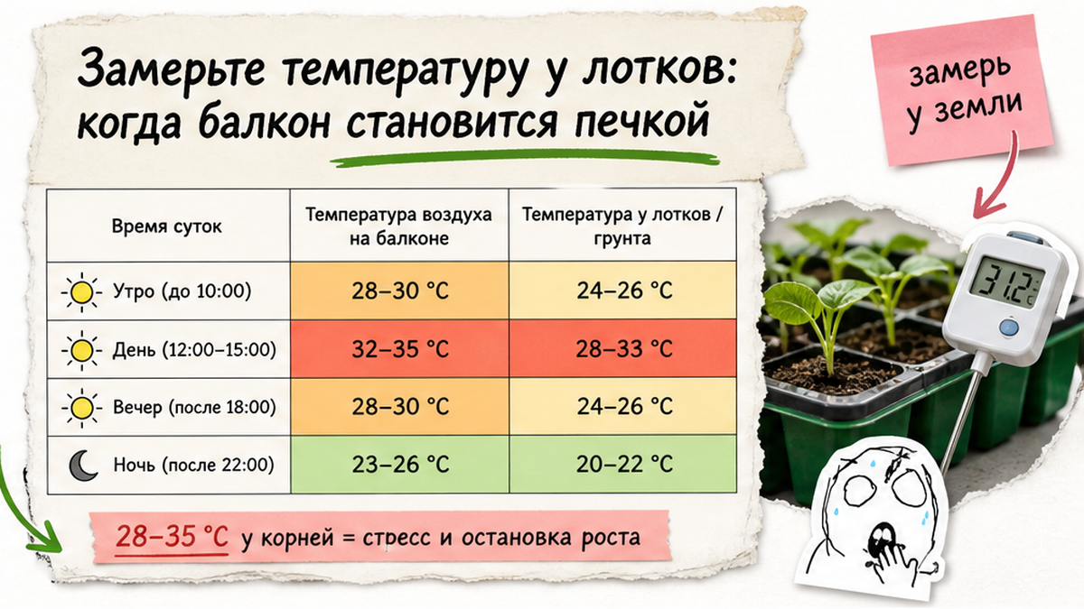 Таблица: температура воздуха и у лотков рассады на балконе в жару