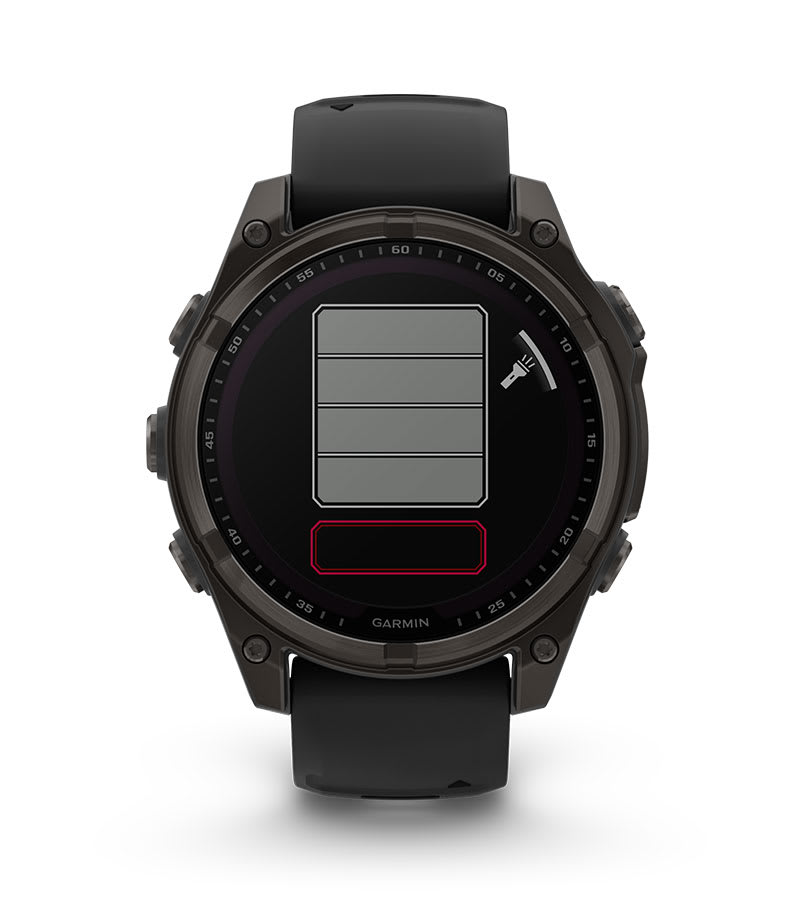 Умные часы Garmin Fenix 8, 47 мм, Solar, Sapphire Carbon Gray DLC Titanium with Black/Pebble Gray Silicone: ВСТРОЕННЫЙ LED-ФОНАРЬ