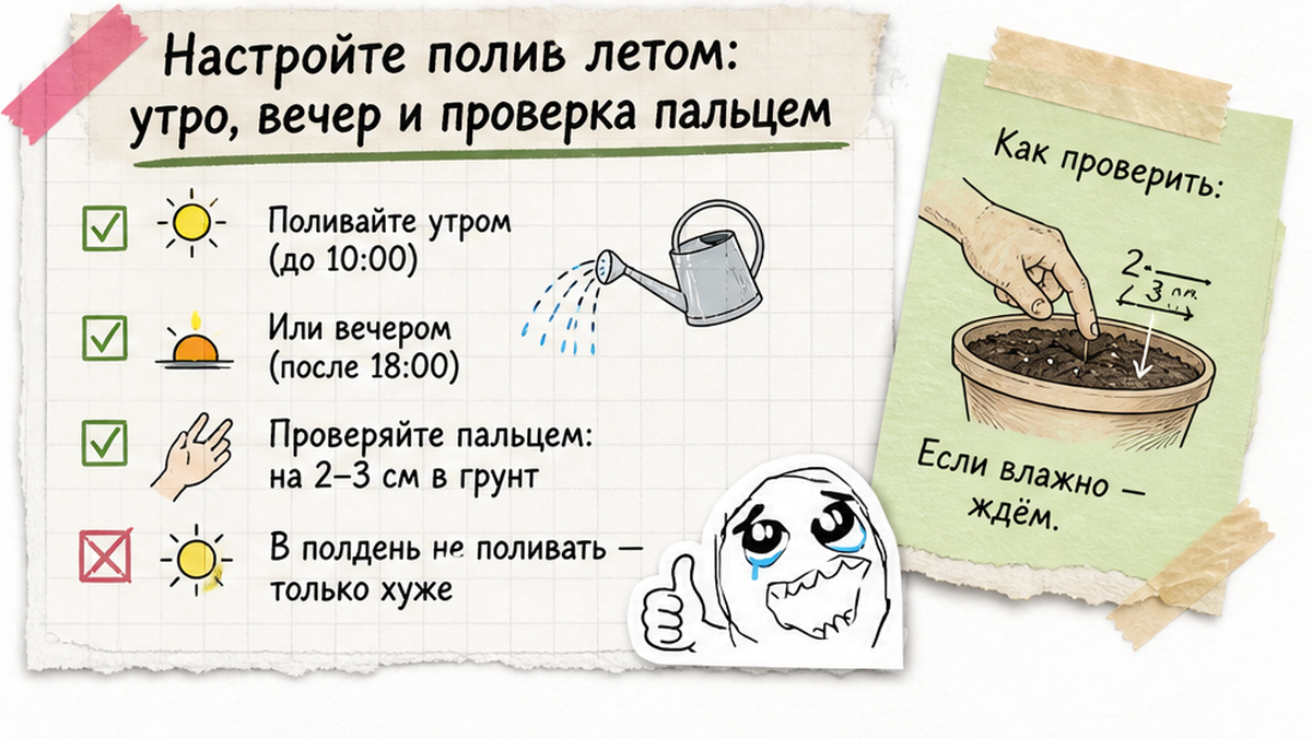 Чеклист полива рассады на балконе летом: утро, вечер, проверка пальцем