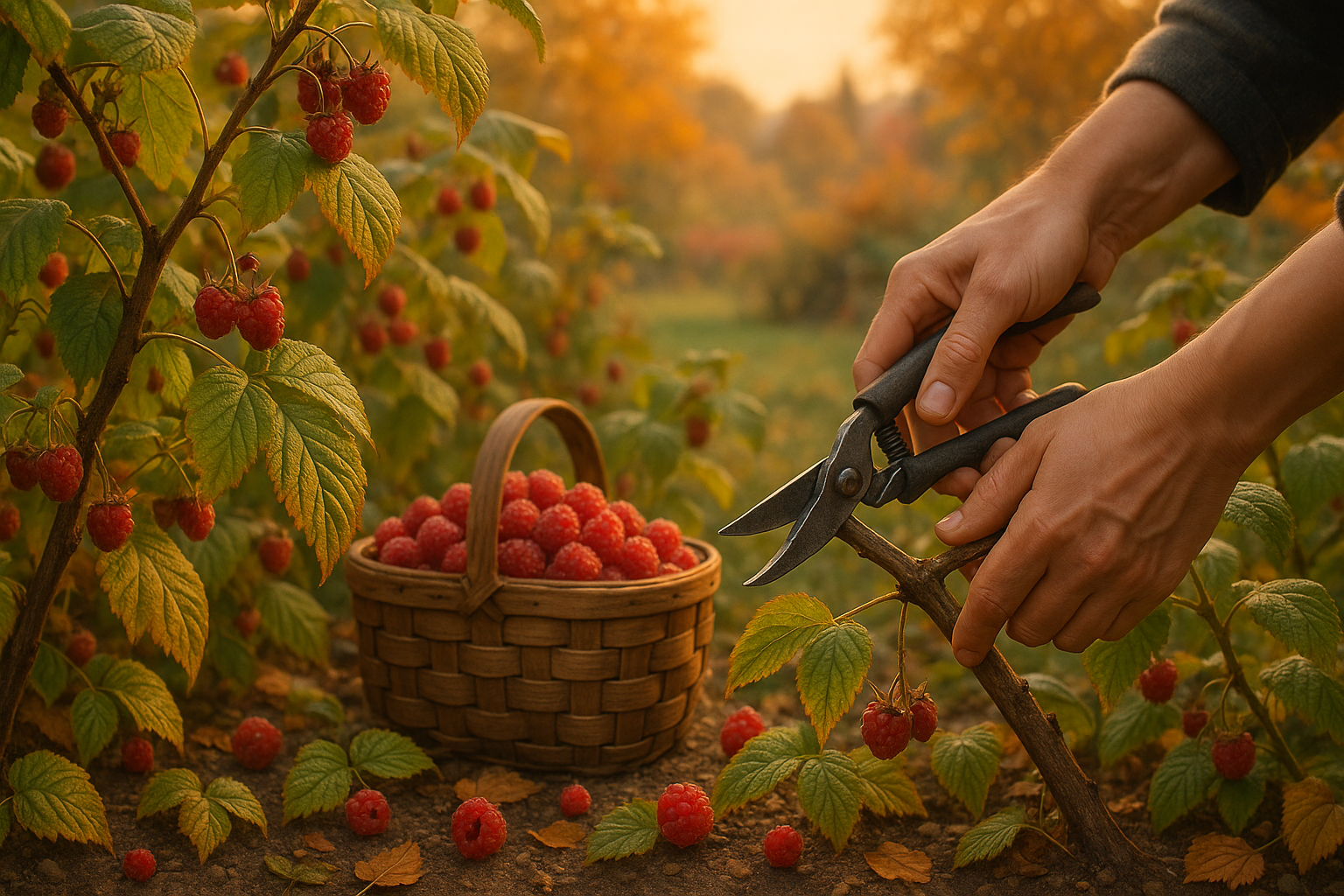 Куст ремонтантной малины с крупными ягодами в саду после правильного ухода