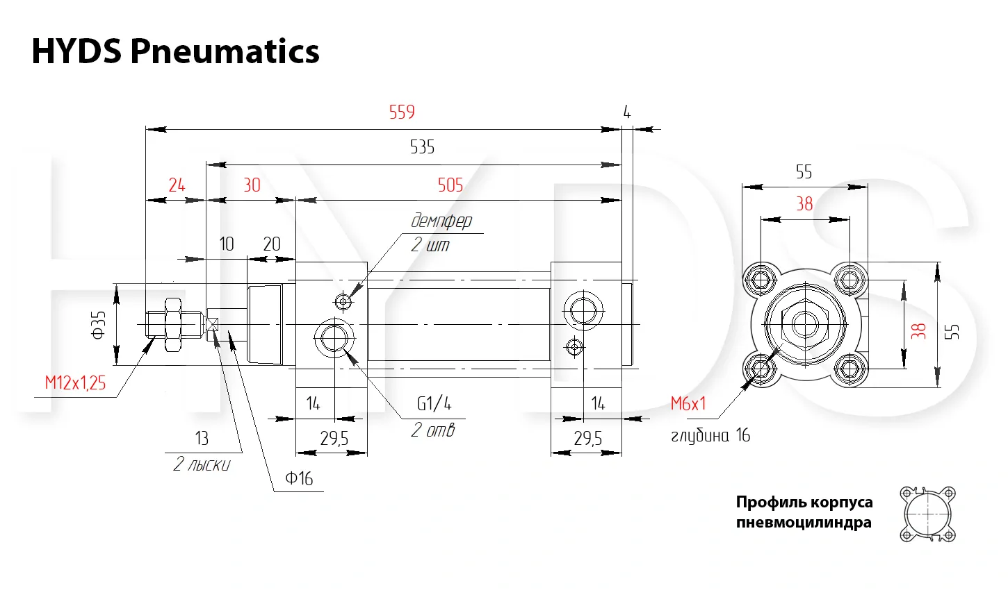 Размеры пневмоцилиндра CP96SDB40-400C