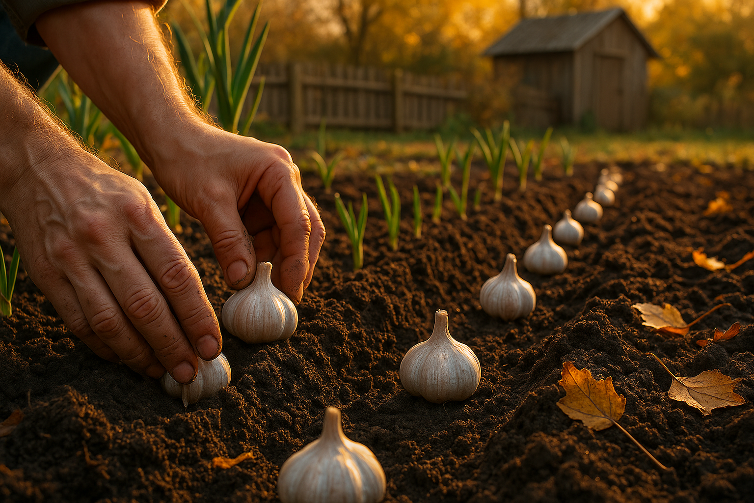 Посадка озимого чеснока в борозды осенью: зубчики чеснока донцем вниз в подготовленную почву