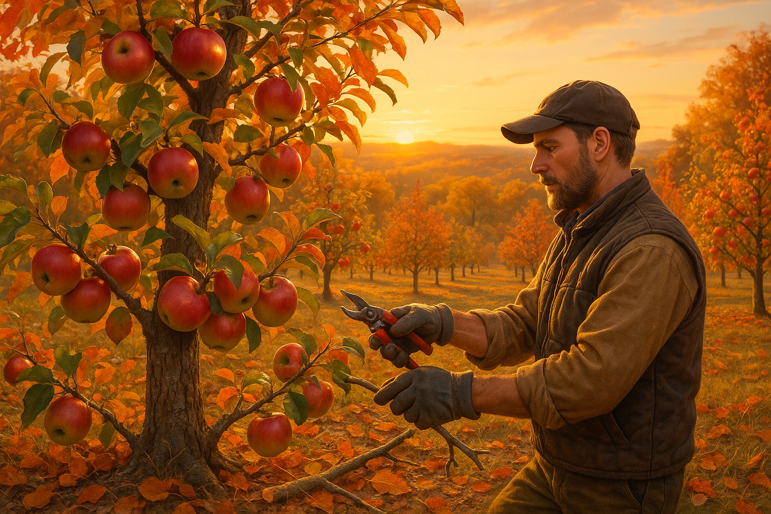 Осенняя обрезка яблони с использованием садового секатора на фоне яблоневого сада