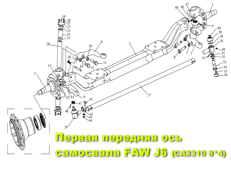 Каталог запчастей передней оси самосвала FAW J6 CA3310 8*4