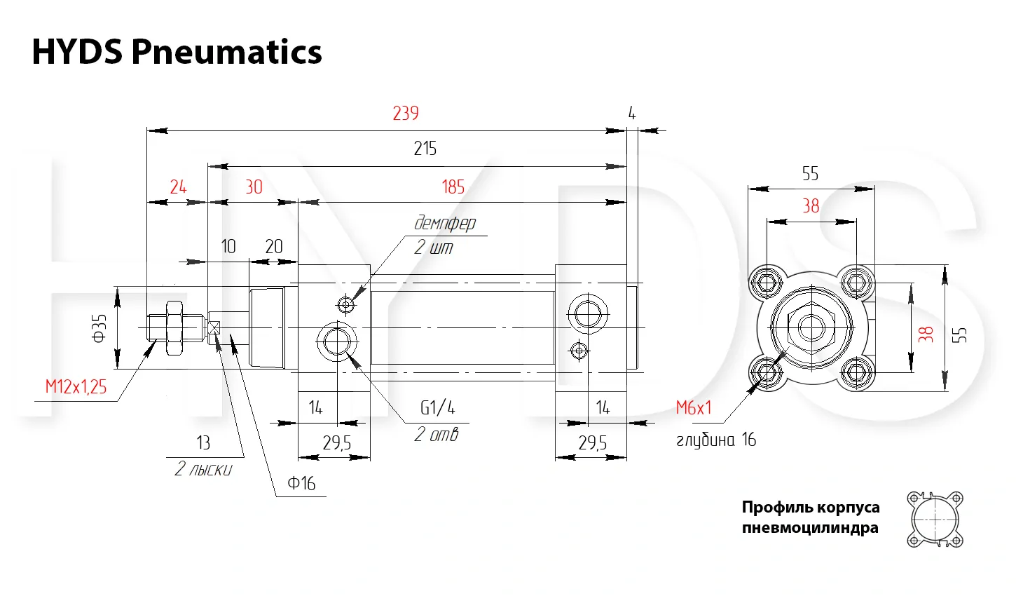 Размеры пневмоцилиндра CP96SDB40-80C