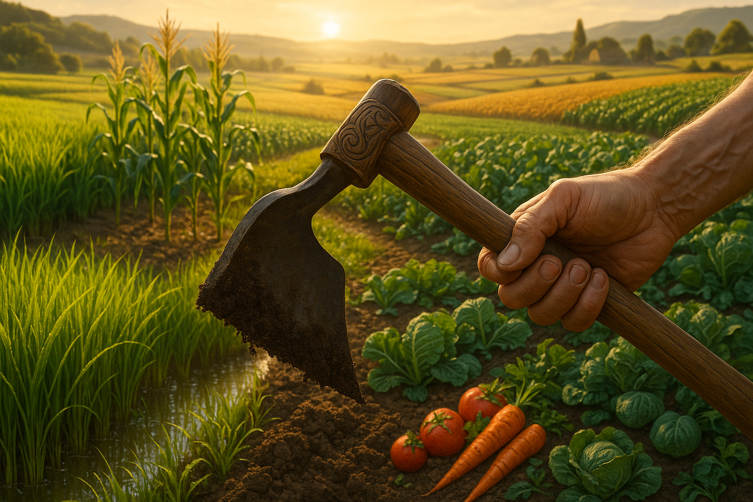 Древняя мотыга &mdash; сельскохозяйственный инструмент с деревянной рукоятью и каменным или металлическим лезвием