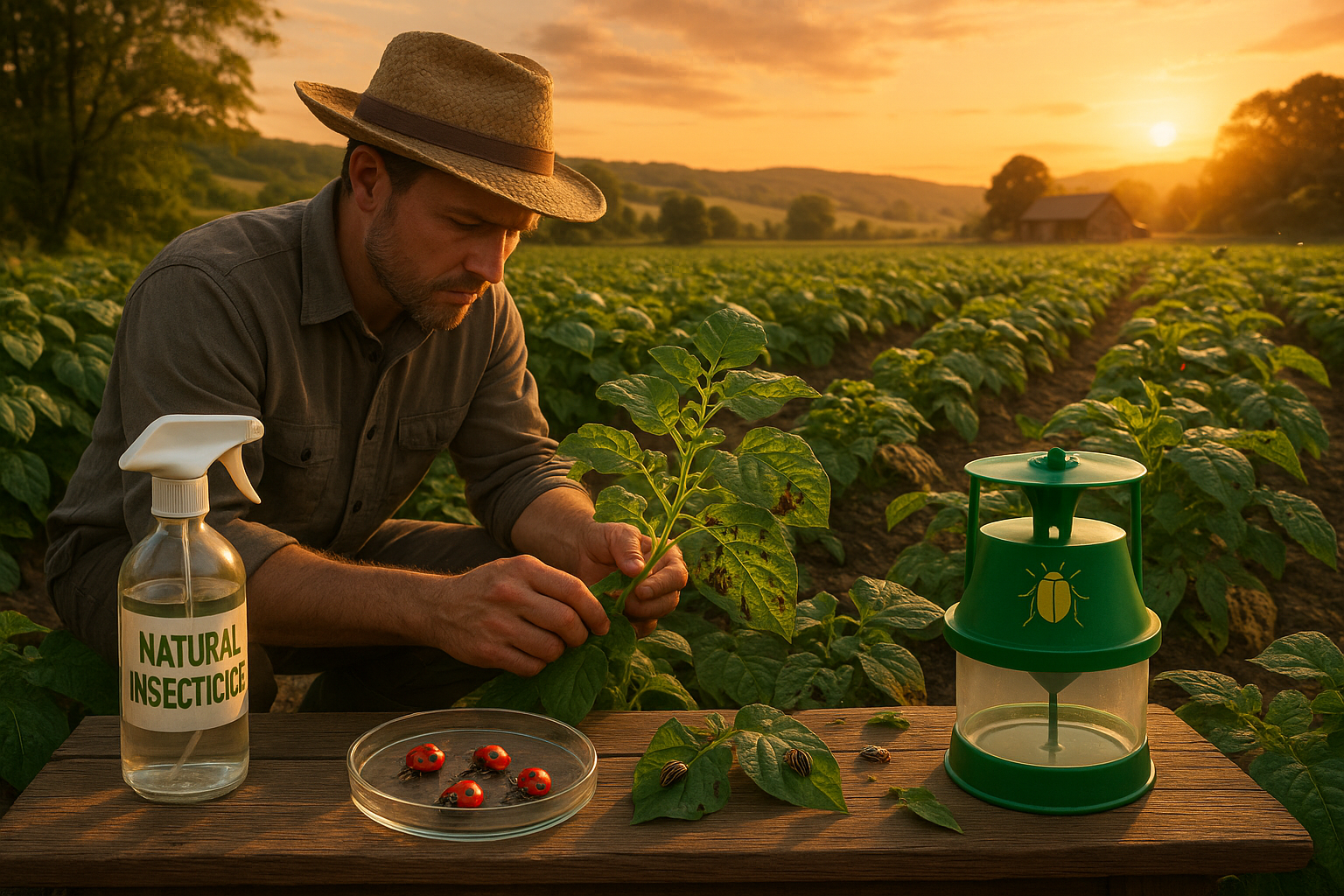 Колорадский жук на листе картофеля в стадии нанесения ущерба листовой пластине