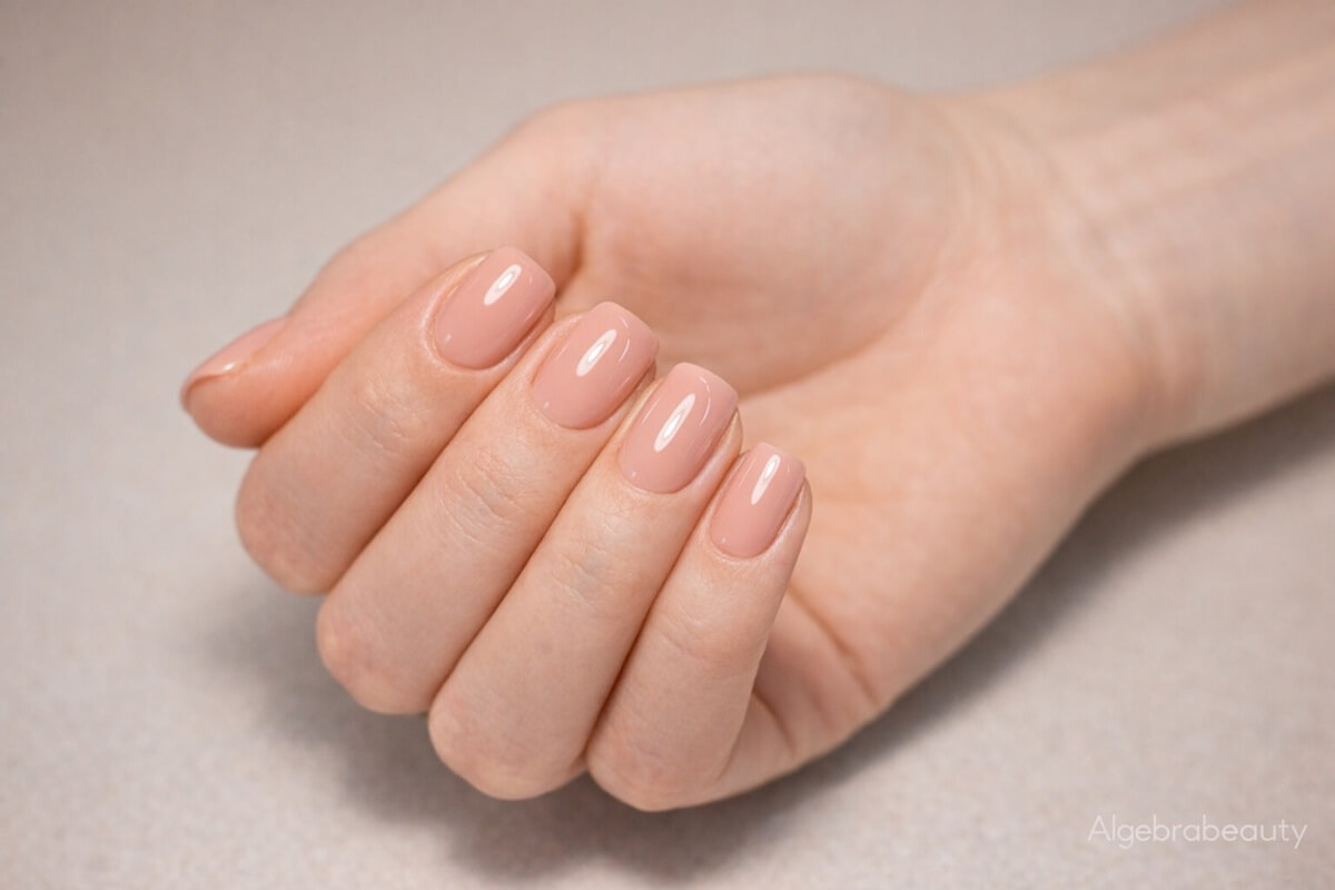 Аппаратный маникюр с натуральным нюдовым покрытием на коротких ногтях, аккуратная форма и ровный блеск