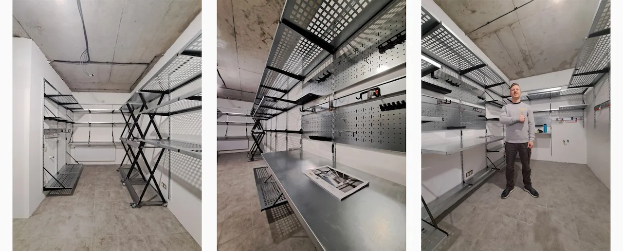 Кладовое-помещение-при-парковке Пример кладового помещения и гаража с разнообразными системами хранения