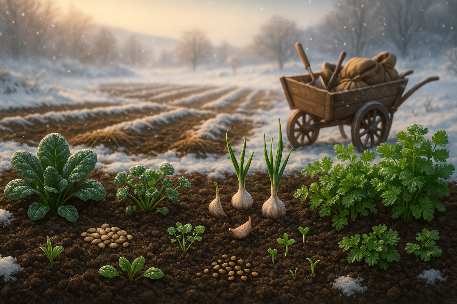 Грядки с овощами и зеленью, посаженными под зиму