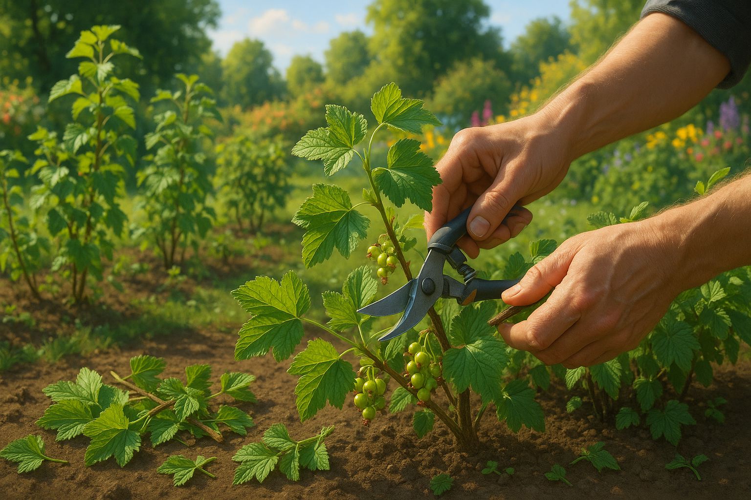Процесс правильной обрезки смородины с использованием садового секатора на фоне зеленого кустарника
