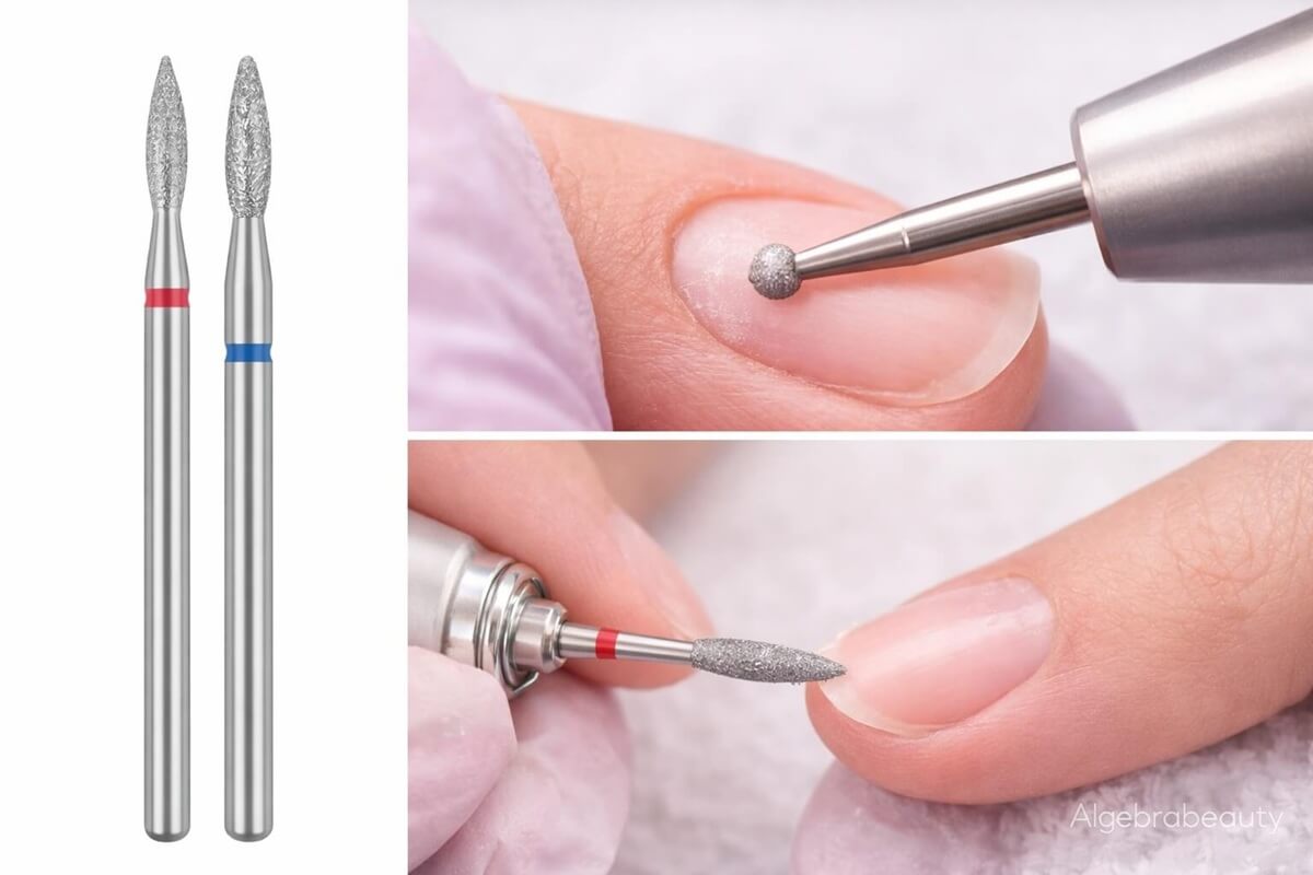 Аппаратный маникюр в процессе: обработка кутикулы конусной фрезой, аккуратная зачистка с минимальным давлением