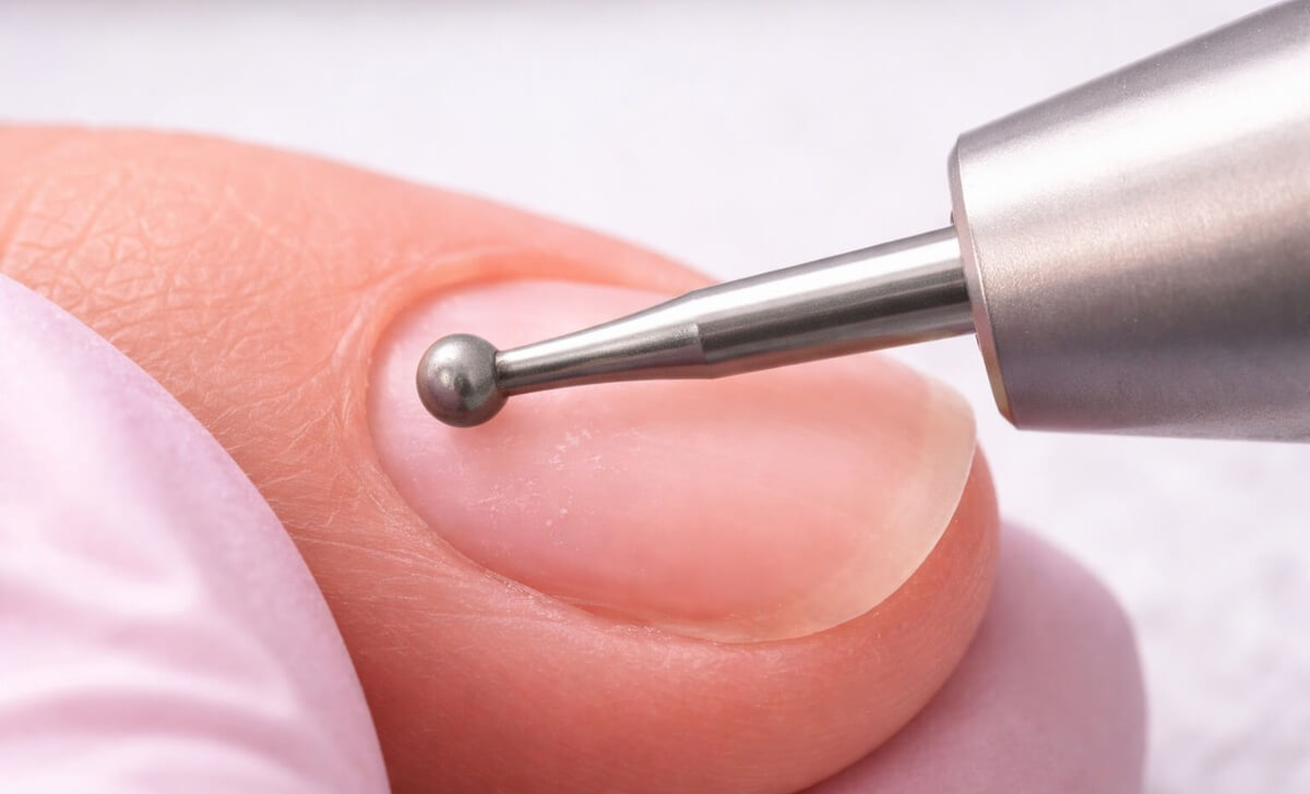 Обработка кутикулы шаровидной фрезой в аппаратном маникюре &mdash; крупный макро план работы по сухой коже