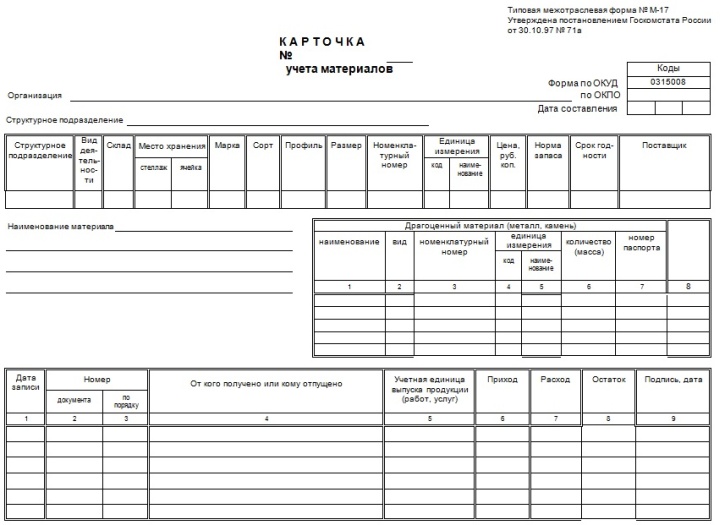 Унифицированный бланк карточки складского учета материалов М-17