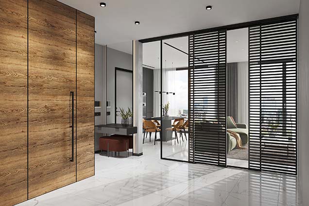 Скрытая дверь со стеновыми панелями в интерьере Фото скрытой двери со стеновыми панелями в интерьере