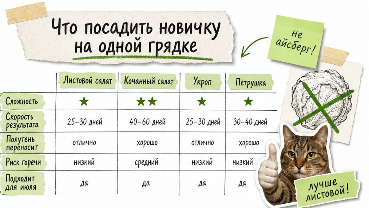 Таблица культур: листовой салат, укроп, петрушка и лук на зелень для новичка