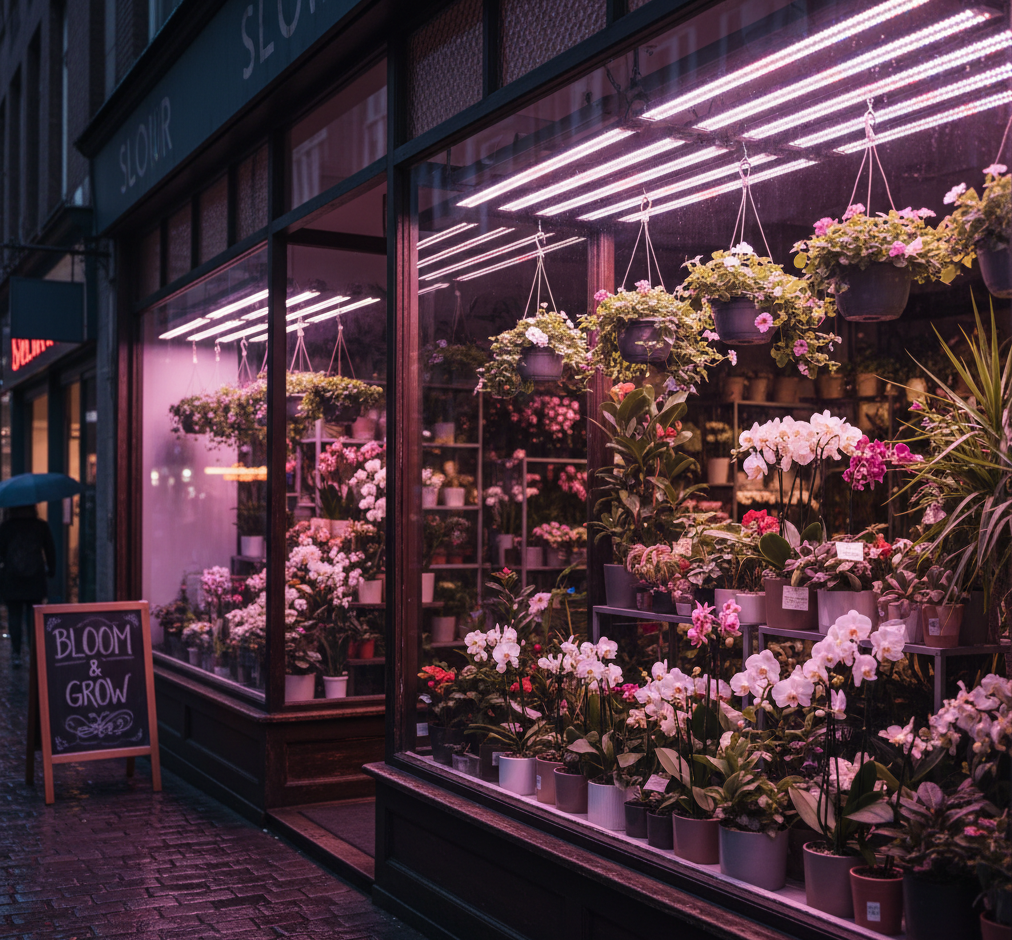 Витрина с цветами и вывеска Витрина