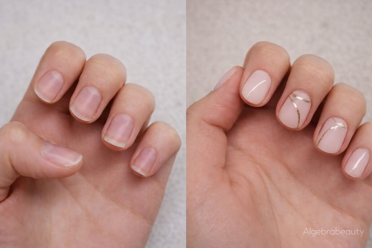 Ногти до и после маникюра: натуральные ногти без покрытия и аккуратный нюдовый маникюр с тонким золотым дизайном
