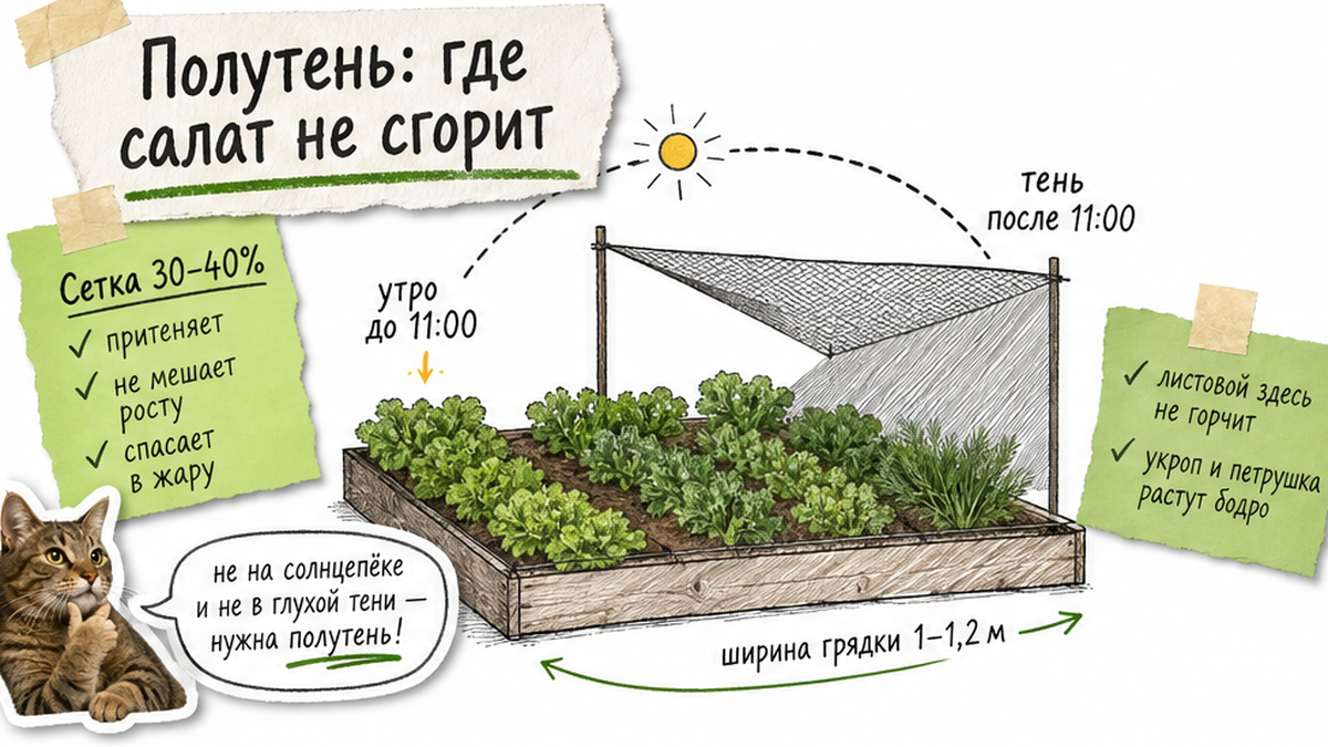 Схема грядки салата в полутени: утреннее солнце и притенение от жары