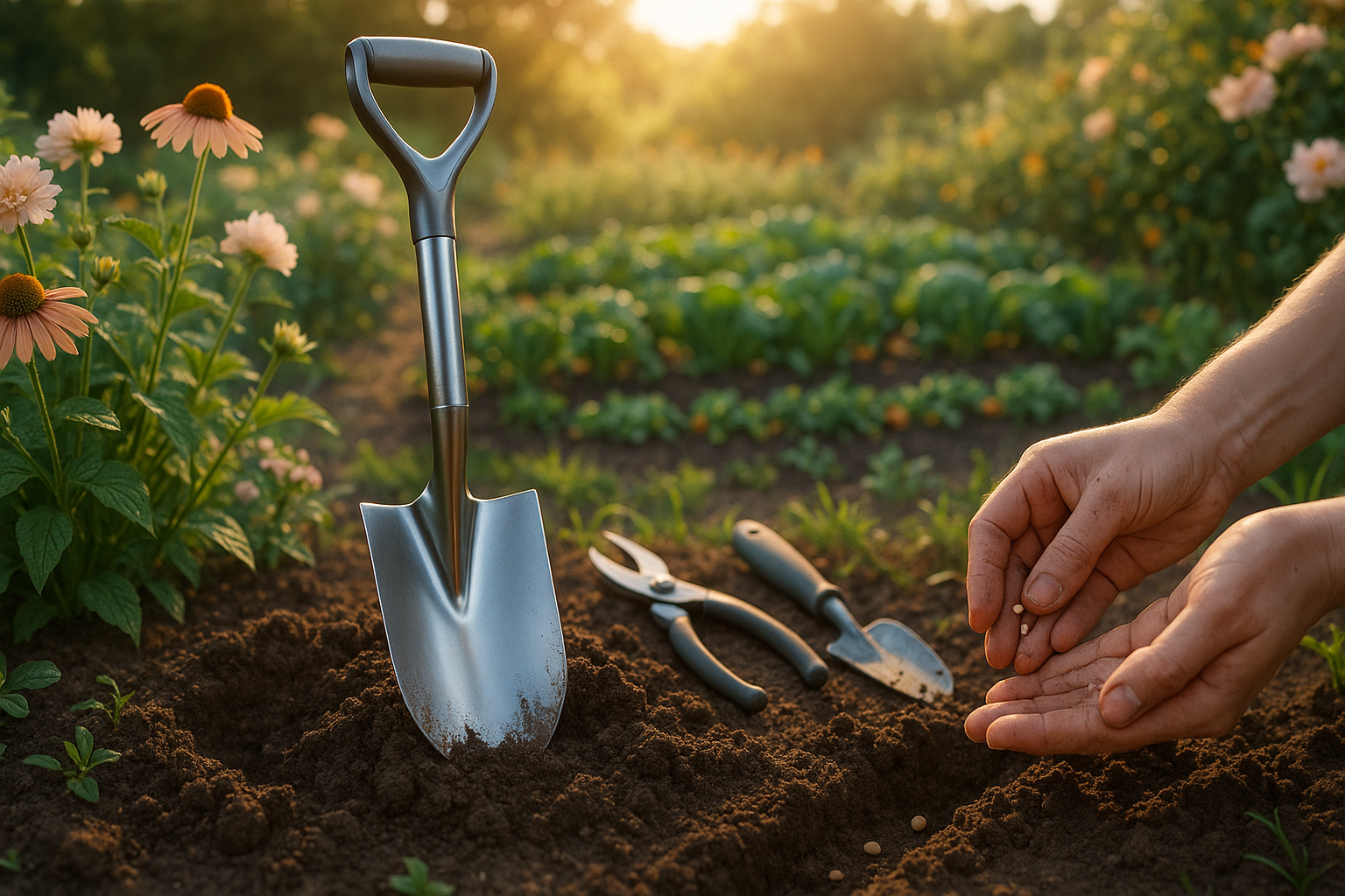 Титановая садовая лопата с алюминиевым черенком на фоне огородного участка