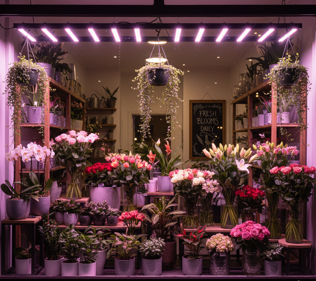 Подсветка цветов розовым цветом Витрина цветочного магазина с розовой подсветкой