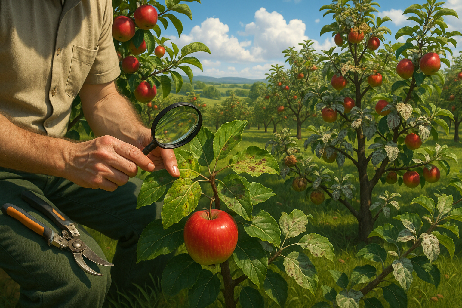 Фото поражений болезней яблони: мучнистая роса, парша, цитоспороз и монилиоз на листьях и ветках