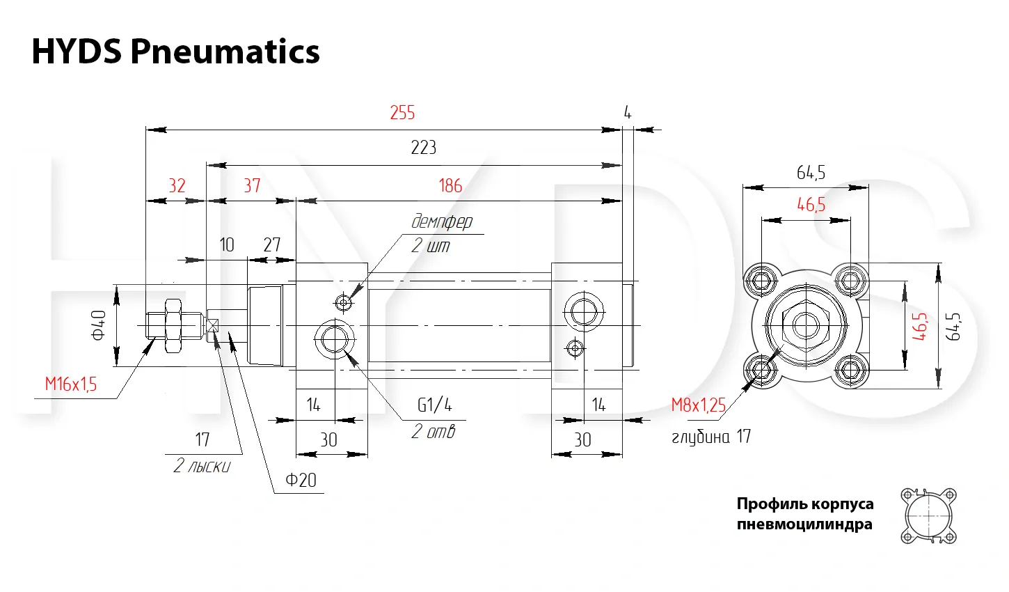 Размеры пневмоцилиндра CP96SDB50-80C