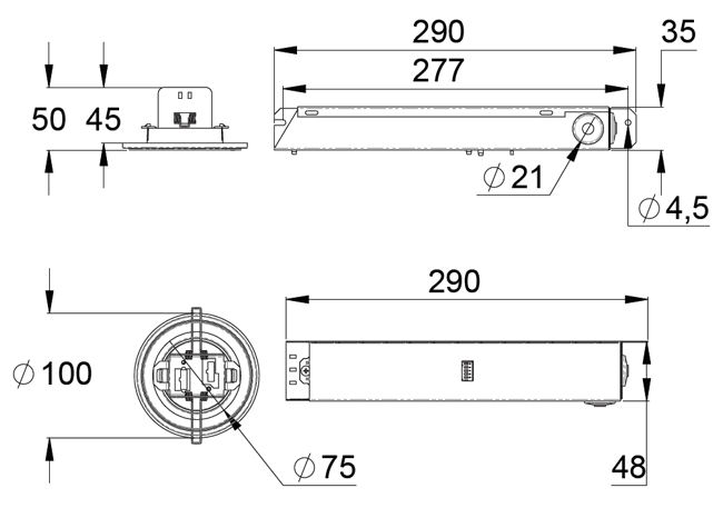 Монтажные размеры светодиодных светильников аварийного освещения LINESPOT II – адресные централизованного типа