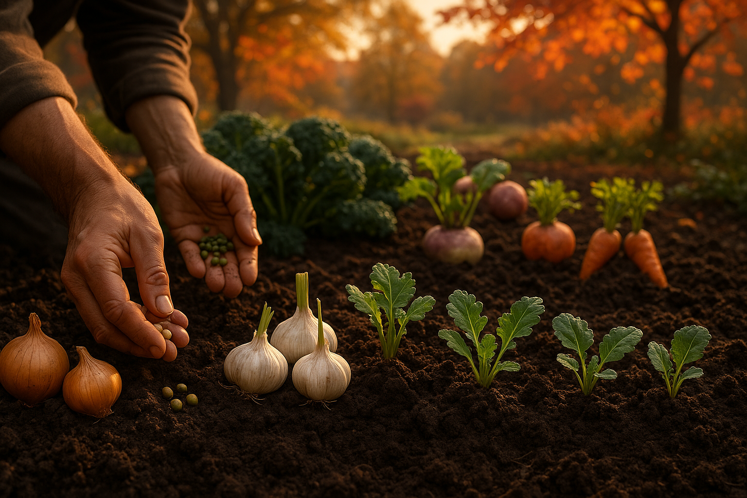 Грядки с овощами и зеленью, посаженными под зиму