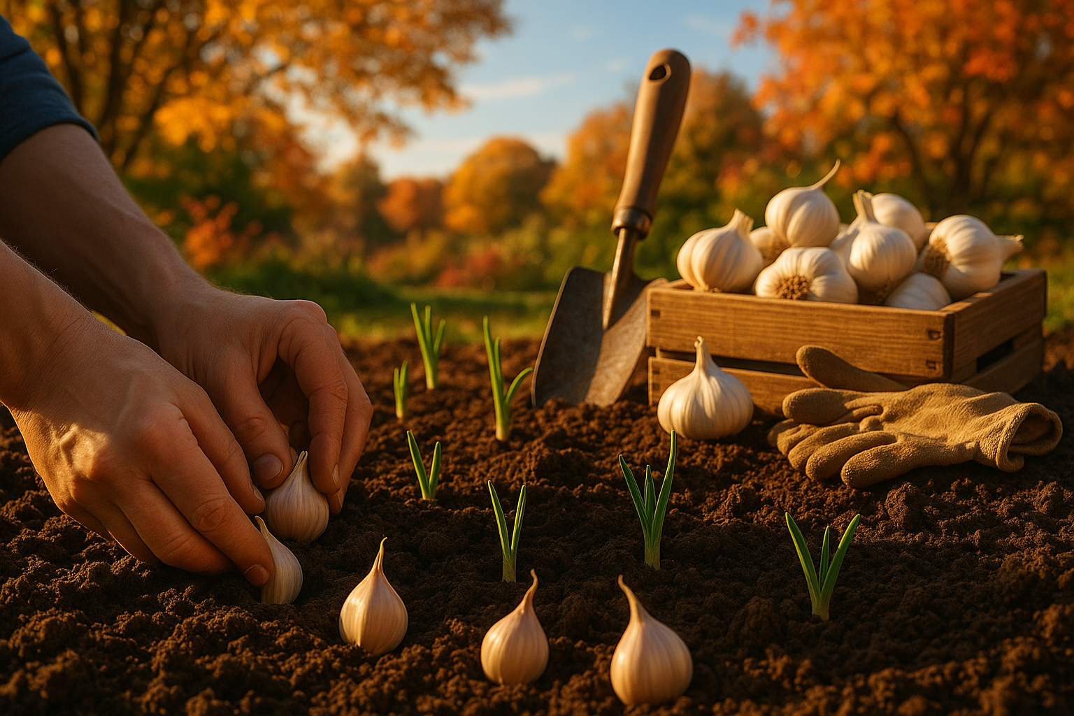 Посадка бульбочек чеснока осенью в подготовленную бороздку на огороде